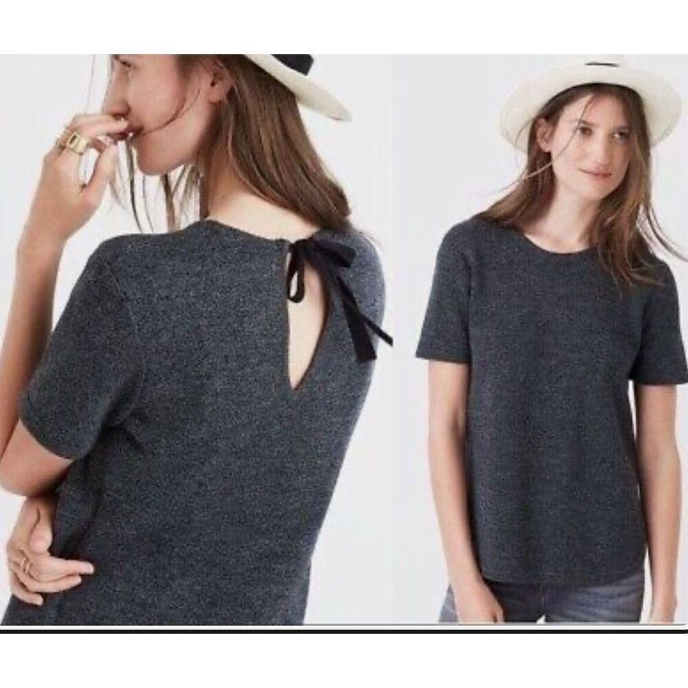 Madewell Wool Sweater Tee small‎ Top Gray Black Tie Structured Strutted Blouse